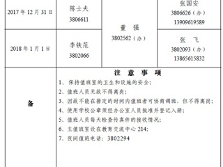 太阳成集团tyc234cc主页（相山校区）学校办公室2018年元旦假期值班表